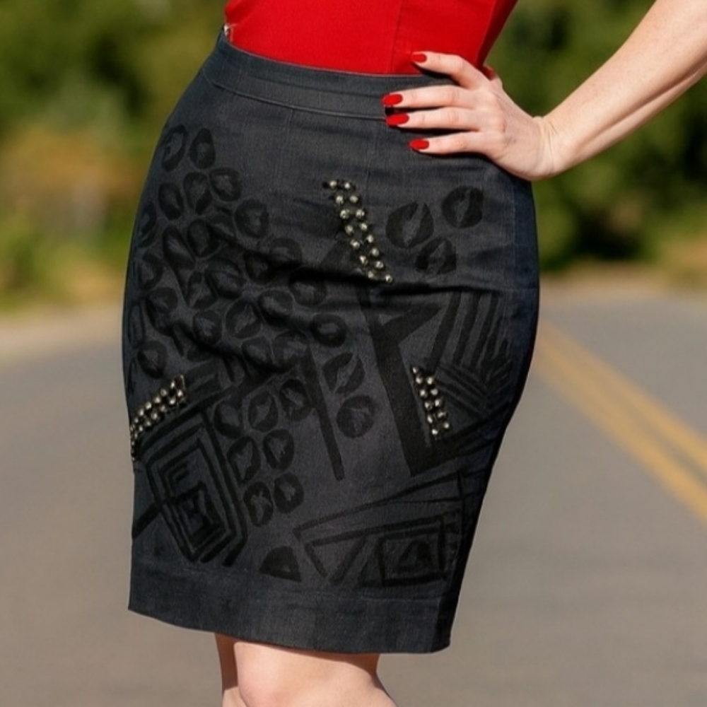 SPANNER Embroidered Geo Print Metal Stud Pencil Skirt Charcoal Gray Retro Pin Up